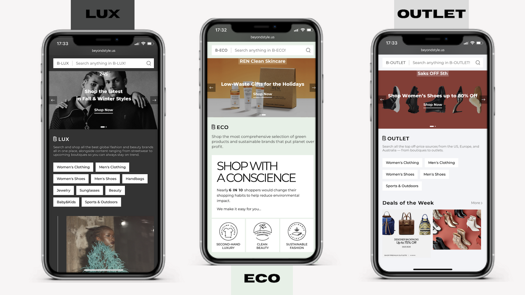 The platform’s three channels include: B Lux, B Eco and B Outlet.