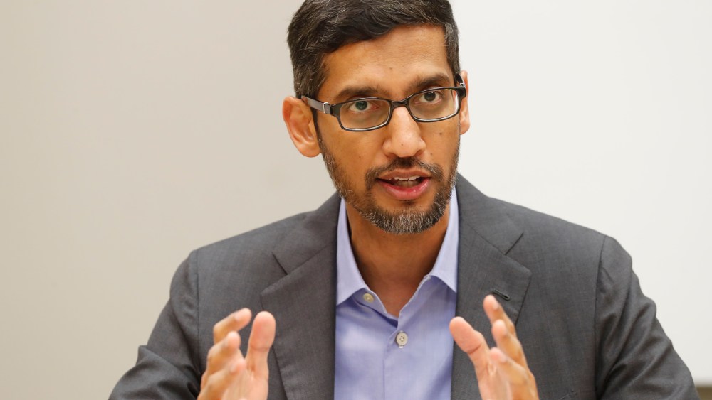 FILE - In this Oct. 3, 2019, file photo, Google CEO Sundar Pichai speaks during a visit to El Centro College in Dallas. Newly unredacted documents from a state-led antitrust lawsuit against Google accuse the search giant of colluding with rival Facebook to manipulate online advertising sales. The CEOs of both companies were aware of the deal and signed off on it, the complaint alleges. (AP Photo/LM Otero, File)