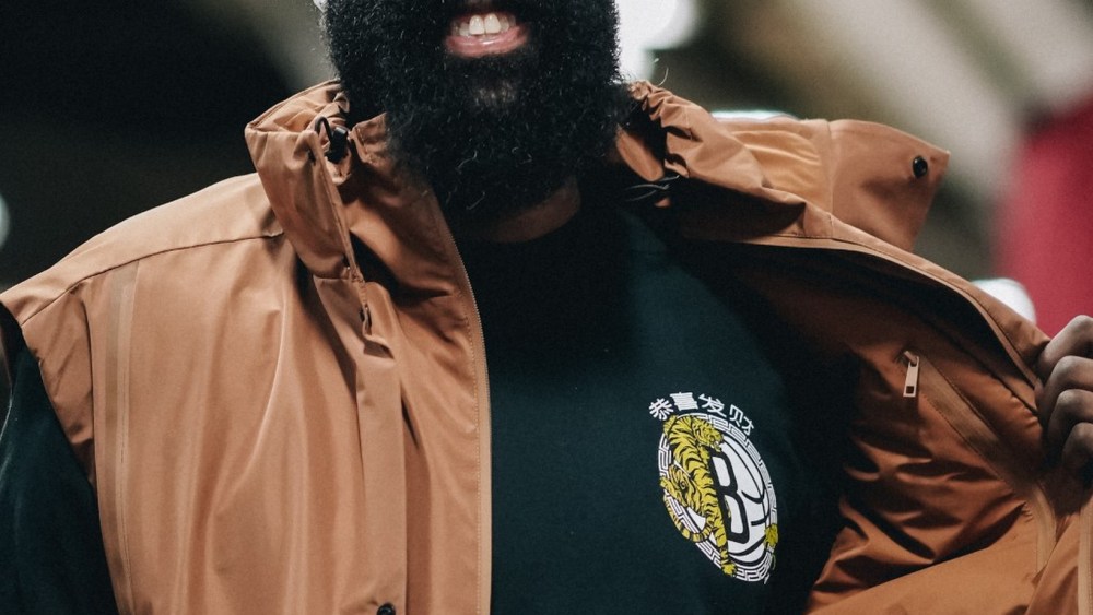 James Harden wearing the Phillip Lim-designed sweatshirt.