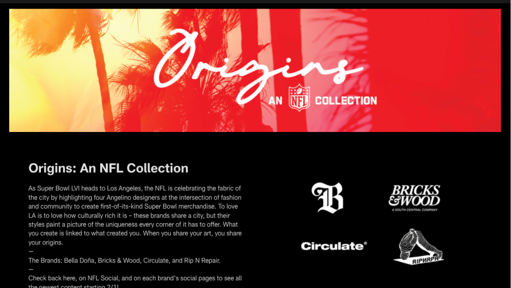 A screen shot from the NFL site promoting the Origins collection.