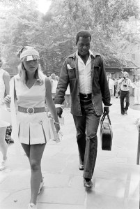Sidney Poitier participates in the third annual Robert F. Kennedy Pro-Celebrity Tennis Tournament at Forest Hills Stadium in New York City on August 24, 1974.