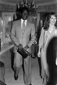 Sidney Poitier and Joanna Shimkus attend a party at Carl Foreman's Beverly Hills home on May 11, 1978.