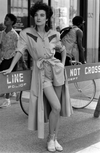 A model poses in a look from Thierry Mugler's debut resort collection in Manhattan, 1986.