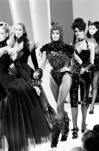 Models Karen Mulder, Jerry Hall, Yasmeen Ghauri and Helena Christensen onstage during the finale of Thierry Mugler's Couture fall 1992 debut and ready to wear runway show..