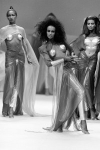 Model Iman on the runway at Thierry Mugler RTW Spring 1986
