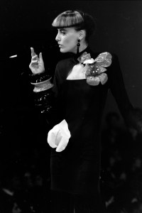 Model Inès de La Fressange on the runway at Thierry Mugler RTW Spring 1983 Show