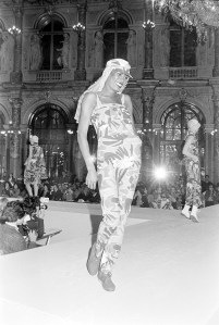 Model Grace Jones on the runway at Theirry Mugler's RTW Spring 1976 show.