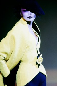 Model Irina Pantaeva on the runway at Thierry Mugler Fall 1997 Couture And Ready To Wear Runway Show.