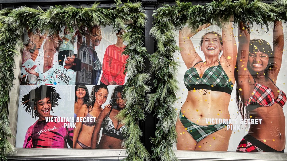 The windows at Victoria's Secret store on New Bond Street in London are decorated for the holidays on Dec. 11, 2021. (Photo by Samuel Rigelhaupt / Sipa USA)(Sipa via AP Images)