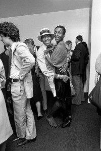 Andre Leon Talley and Bethann Hardison attend a party at Calvin Klein's apartment in New York City in 1976.