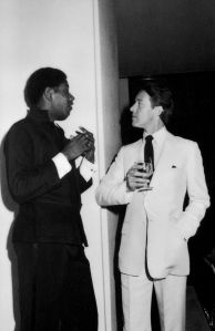 Roy Halston and Andre Leon Talley attend a presentation of new sheets and bath accessories designed for Fieldcrest, as well as his new rug designs for Karastan at Halston's home on May 16, 1977