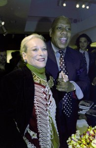 Socialite Nan Kempner with Andre Leon Talley during his book signing for his memoir A.L.T at Bergdorf Goodman in New York on April 23, 2003.