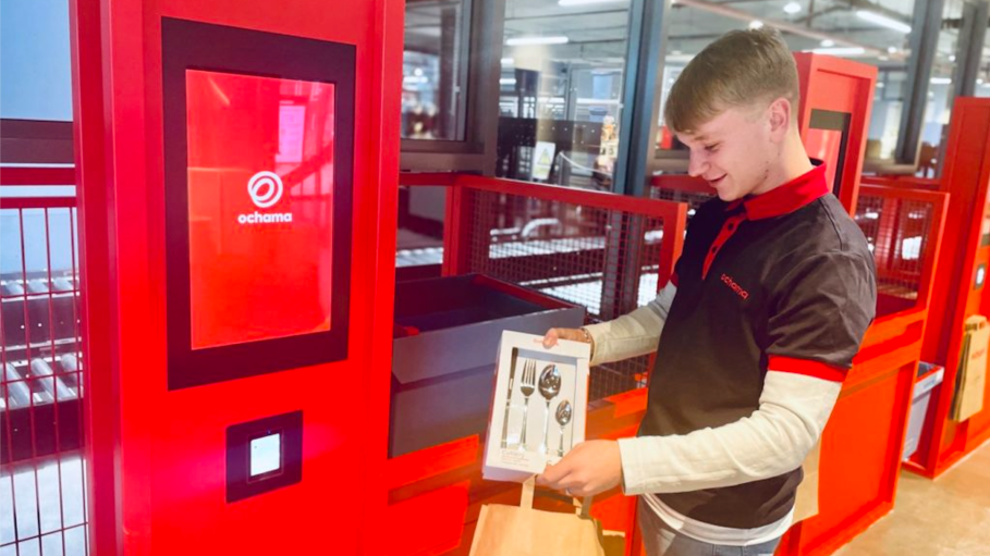 Within JD.com's Ochama stores, shoppers can scan a QR code at the check-out and watch as their orders are carried to them by conveyer belt.