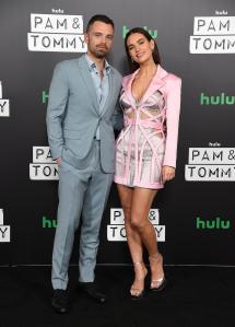 Pam & Tommy -- Lily James and Sebastian Stan at a press event for “Pam & Tommy” which premieres on Hulu on Wednesday, February 2. (Photo by:  Frank Micelotta/Hulu)