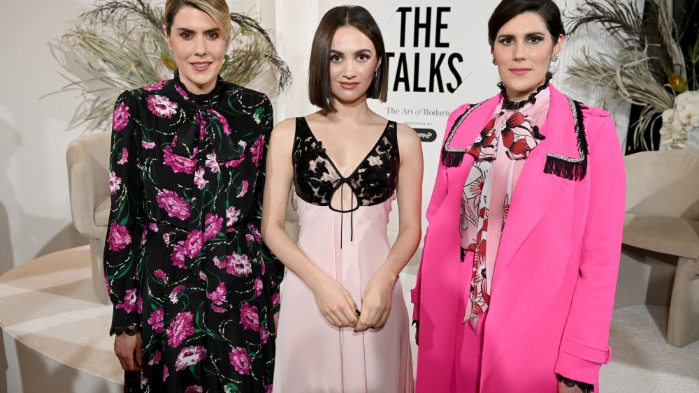 NEW YORK, NEW YORK - FEBRUARY 11: NYFW: THE TALKS - Maude Apatow (C) in conversation with Kate Mulleavy (L) & Laura Mulleavy (R) of Rodarte presented by Afterpay at Spring Studios on February 11, 2022 in New York City. (Photo by Bryan Bedder/Getty Images for IMG Fashion)