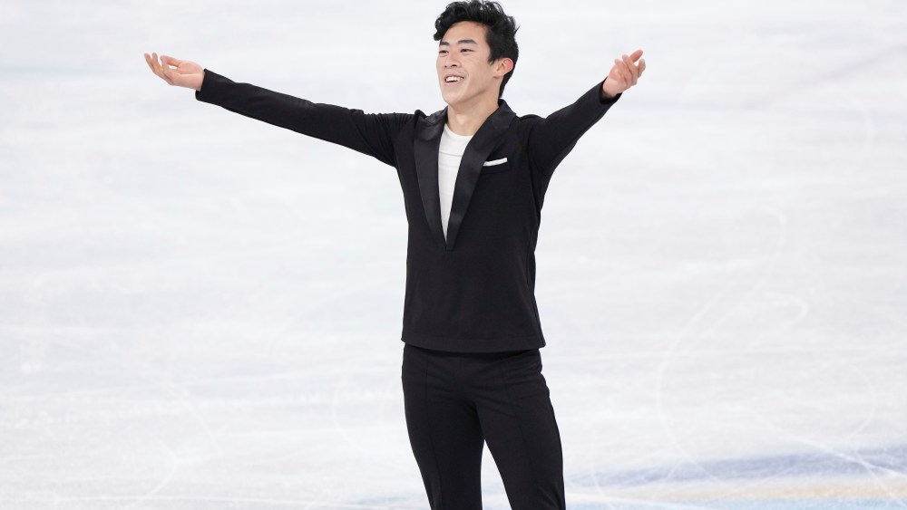 USA's CHEN Nathan reacts after performing the Men Single Skating Short Program at Capital Indoor Stadium in Beijing, China on February 8, 2022. Chen set a new WR, 113.97.( The Yomiuri Shimbun via AP Images )