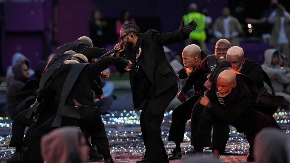 Kendrick Lamar performs during halftime of the NFL Super Bowl 56 football game between the Los Angeles Rams and the Cincinnati Bengals Sunday, Feb. 13, 2022, in Inglewood, Calif. (AP Photo/Mark J. Terrill)