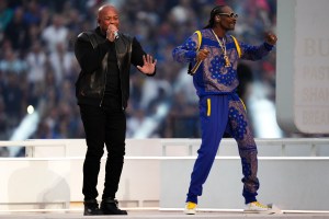 Dr. Dre performs during the Pepsi Halftime Show during the NFL Super Bowl 56 football game between the Cincinnati Bengals and the Los Angeles Rams, Sunday, Feb. 13, 2022, in Inglewood, Calif. (Cooper Neill via AP)