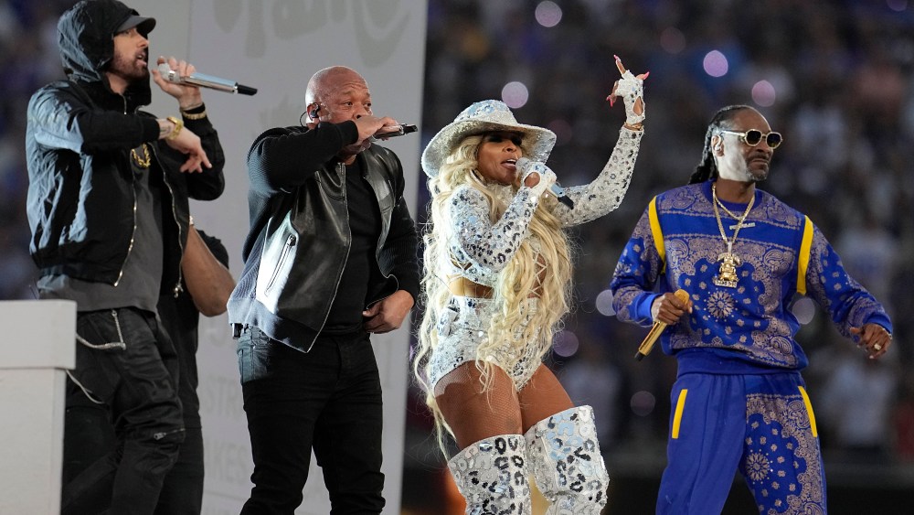 Eminem, from left, performs with Dr. Dre, Mary J. Blige and Snoop Dogg during halftime of the NFL Super Bowl 56 football game between the Los Angeles Rams and the Cincinnati Bengals Sunday, Feb. 13, 2022, in Inglewood, Calif. (AP Photo/Marcio Jose Sanchez)