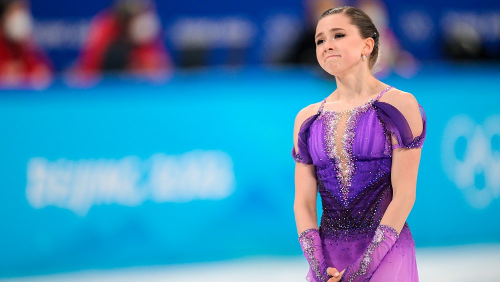 8115969 15.02.2022 Russian Olympic Committee's Kamila Valieva competes in the women's single skating short program of the figure skating event during the Beijing 2022 Winter Olympic Games at Capital Indoor Stadium in Beijing, China. Grigory Sysoev / Sputnik  via AP