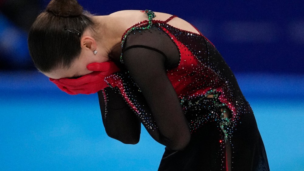 FILE - Kamila Valieva, of the Russian Olympic Committee, reacts after the women's free skate program during the figure skating competition at the 2022 Winter Olympics, Thursday, Feb. 17, 2022, in Beijing. (AP Photo/Bernat Armangue, File)