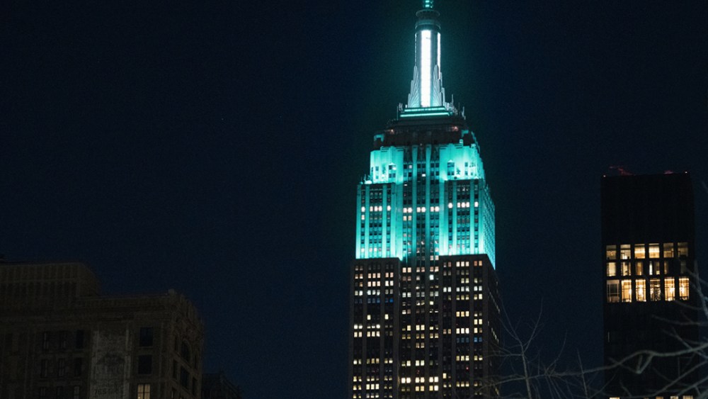 The Empire State Building lit Tiffany Blue for Valentine's Day.