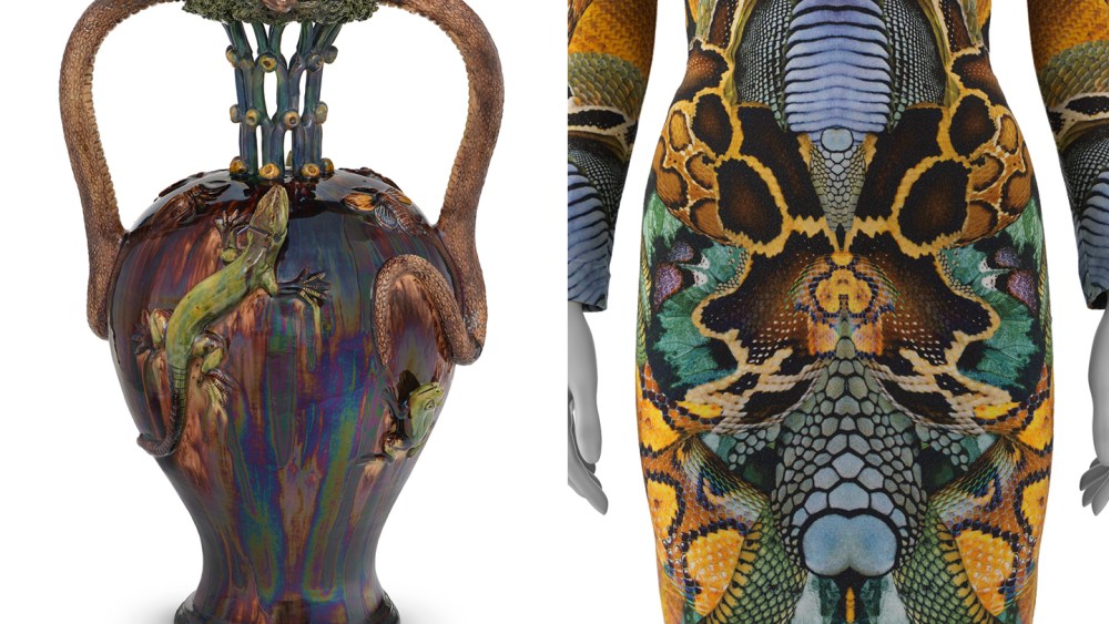 Left: Manuel Cipriano Gomes Mafra, Urn, circa 1865-1887, Los Angeles County Museum of Art, Gift of Barbara Barbara and Marty Frenkel.Right: Alexander McQueen, Woman's Ensemble (Dress and Leggings), Spring/Summer 2010 from the Collection of Regina J. Drucker.