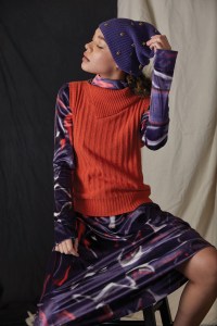 Marrissa Wilson FW22 midi dress, knit vest and beanie.