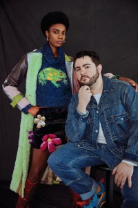 Colin Locascio FW22 vegan leather patchwork coat, miniskirt and bag.