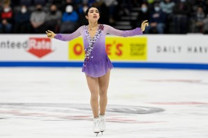 Karen Chen competes in the women's free skate program during the U.S. Figure Skating Championships Friday, Jan. 7, 2022, in Nashville, Tenn. (AP Photo/Mark Zaleski)