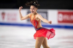 Alysa Liu, of the United States, performs her women's short program during the Skate Canada International figure skating competition in Vancouver, British Columbia, Friday, Oct. 29, 2021. (Darryl Dyck/The Canadian Press via AP)