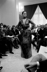 A sheer dress from the Yves Saint Laurent Couture Spring 1970 collection presentation.