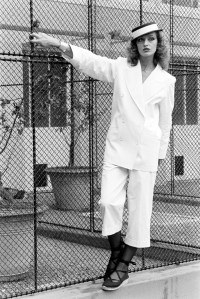 A model poses in Yves Saint Laurent's RTW Spring 1982 collection.