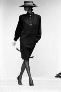 Gloria Burgess on the runway in a Chemise dress from Yves Saint Laurent's RTW Spring 1984 collection.