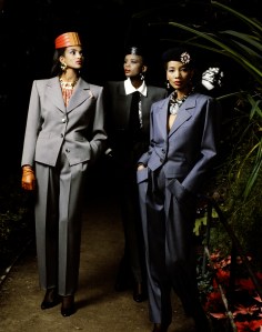 Khadija Jones, Rebecca Ayoko and Mounia Orsemane in suits from Yves Saint Laurent's Couture Spring 1985 collection.