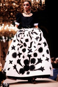 Jamie Foster poses on the runway in an art-inspired evening gown from the Yves Saint Laurent Couture Spring 1982 20th anniversary collection.