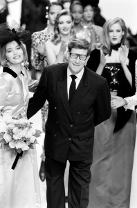 Yves Saint Laurent, Lucie De La Falaise and models walk the finale of his RTW Fall 1992 collection runway show.