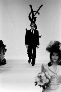 Yves Saint Laurent walks the runway during the finale of his RTW Fall 1992 show.