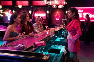 Dollface -- “Birthday Girl” - Episode 210 -- The girls attend Stella’s bar opening and make important decisions about their relationships, careers, and futures. Jules gives Madison a birthday surprise. Madison (Brenda Song), Jules (Kat Dennings), Izzy (Esther Povitsky), and Stella (Shay Mitchell), shown. (Photo by: Jessica Brooks/Hulu)