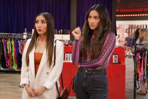 Dollface -- “Power Player” - Episode 204 -- The ladies wrestle with power dynamics in their relationships and work lives. Jules finds herself in a love triangle. Stella tries to gain control in the bedroom. Izzy struggles to prove herself to Celeste. Madison runs into a well-connected old friend. Madison (Brenda Song) and Stella (Shay Mitchell), shown. (Photo by: Jessica Brooks/Hulu)