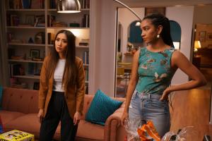 Dollface -- “Miss Codependent” - Episode 205 -- When Jules feels that her friend group is unraveling, she revives their made-up friendship holiday, Codependence Day. Madison gets closer to old friend Ruby despite Jules’s skepticism about her. Stella tries to prove her commitment to Liv. Madison (Brenda Song) and Ruby (Corinne Foxx), shown. (Photo by: Jessica Brooks/Hulu)