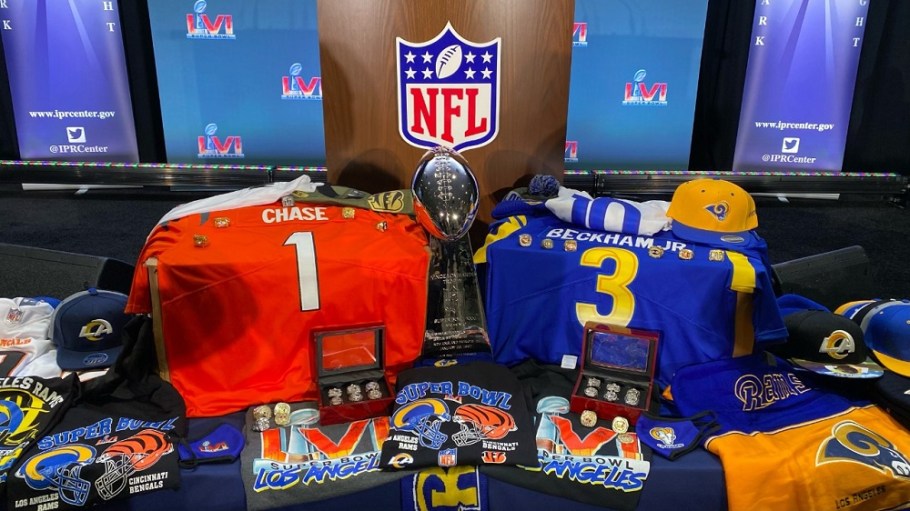 In the run-up to Sunday’s Super Bowl, federal and local authorities seized 267,511 counterfeit sports-related items worth $97.8 million.