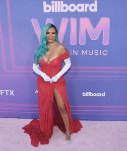 Karol G arrives at the 2022 Billboard Women in Music held at the YouTube Theater in Inglewood, CA on Wednesday, ​March 2, 2022. (Photo By Sthanlee B. Mirador/Sipa USA)(Sipa via AP Images)