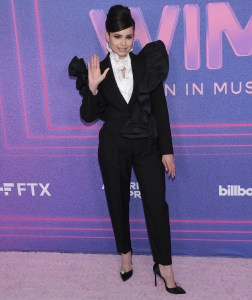 Sofia Carson arrives at the 2022 Billboard Women in Music held at the YouTube Theater in Inglewood, CA on Wednesday, ​March 2, 2022. (Photo By Sthanlee B. Mirador/Sipa USA)(Sipa via AP Images)