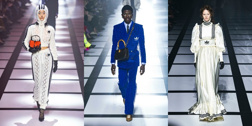 Gucci offered a first look at its upcoming collaboration with Adidas Friday at Milan Fashion Week.