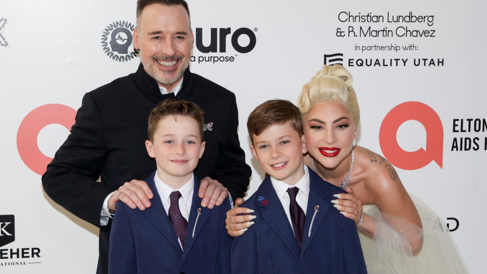 Lady Gaga, Zachary Jackson Levon Furnish-John, Elijah Joseph Daniel Furnish-John and David Furnish at the 30th Annual Elton John AIDS Foundation Academy Awards Viewing Party held at West Hollywood Park on March 27th, 2022 in West Hollywood, California.