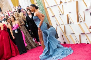 Megan Thee Stallion walks the red carpet at the 94th Academy Awards held at the Dolby Theatre in Hollywood, CA on March 27, 2022 wearing a crystal-encrusted blue Gaurav Gupta gown.