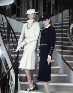 Models wearing outfits from the Chanel by Karl Lagerfeld Spring 1983 Couture collection, Lagerfeld reinterprets the Chanel suits on January 19, 1983 in Paris, France.