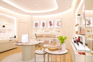 The beauty alcove at Dior’s 30 Montaigne store with art works by Azuma Makoto.