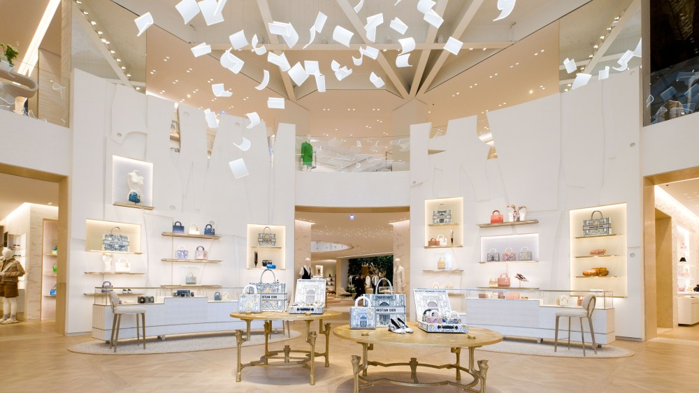 The entrance rotunda at Dior’s 30 Montaigne store with an installation by Paul Cocksedge.